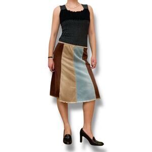 Vintage 90s Ruth Corduroy Patchwork Midi Skirt Striped Cotton Brown Blue